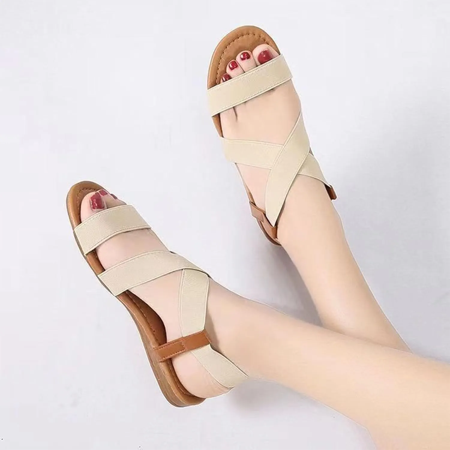 Women's Elastic Ankle Strap Flat Sandals Summer Open Toe Dress Sandals Cute Strappy Gladiator Sandals