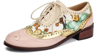 Women's Elegant Almond Toe Oxford Shoes with Floral Print Detailing Block Heel Lace-Up Casual​ Party Evening Dress Shoes for Women Ladies Girls