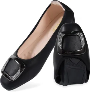 Womens Foldable Soft Ballet Flats Square Toe Sparkly Beads Comfortable Slip On Ballerina Dress Flat Shoes