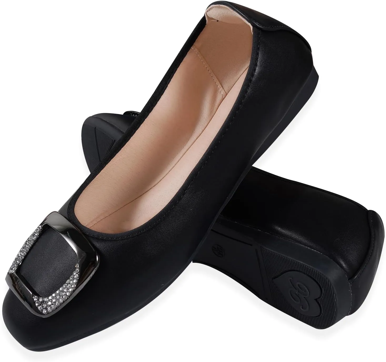 Womens Foldable Soft Ballet Flats Square Toe Sparkly Beads Comfortable Slip On Ballerina Dress Flat Shoes