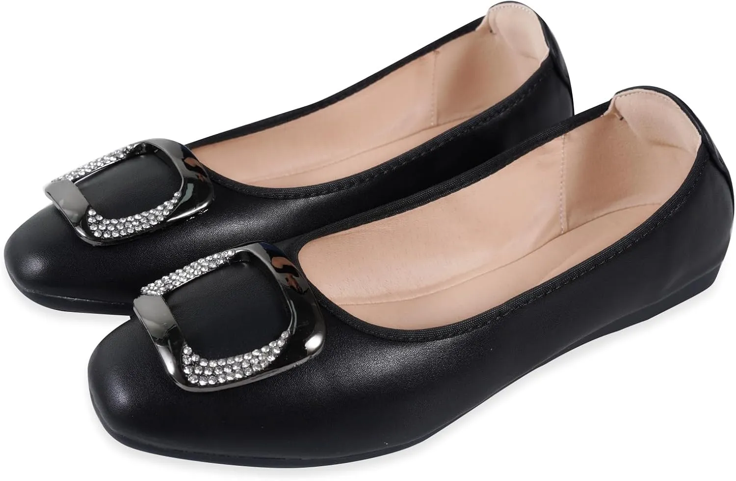 Womens Foldable Soft Ballet Flats Square Toe Sparkly Beads Comfortable Slip On Ballerina Dress Flat Shoes
