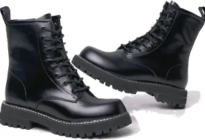 Women's genuine leather Combat Boots Low Heel Lace Up Ankle Booties With Side Zipper
