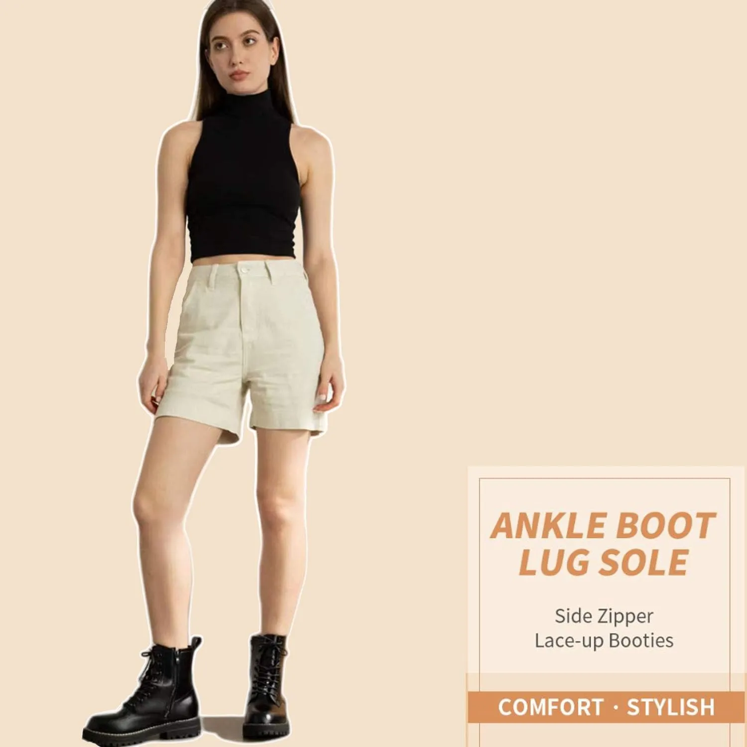 Women's genuine leather Combat Boots Low Heel Lace Up Ankle Booties With Side Zipper