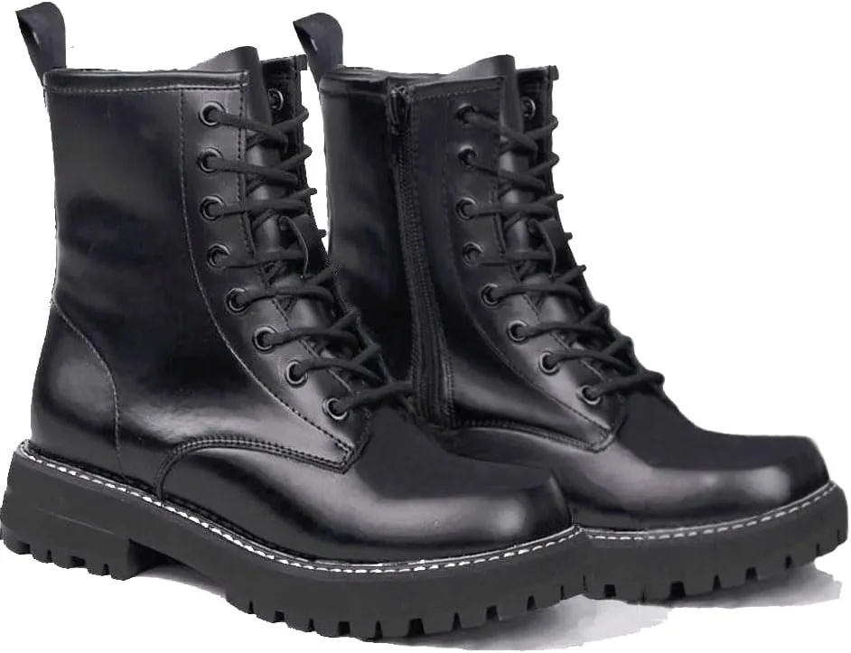 Women's genuine leather Combat Boots Low Heel Lace Up Ankle Booties With Side Zipper