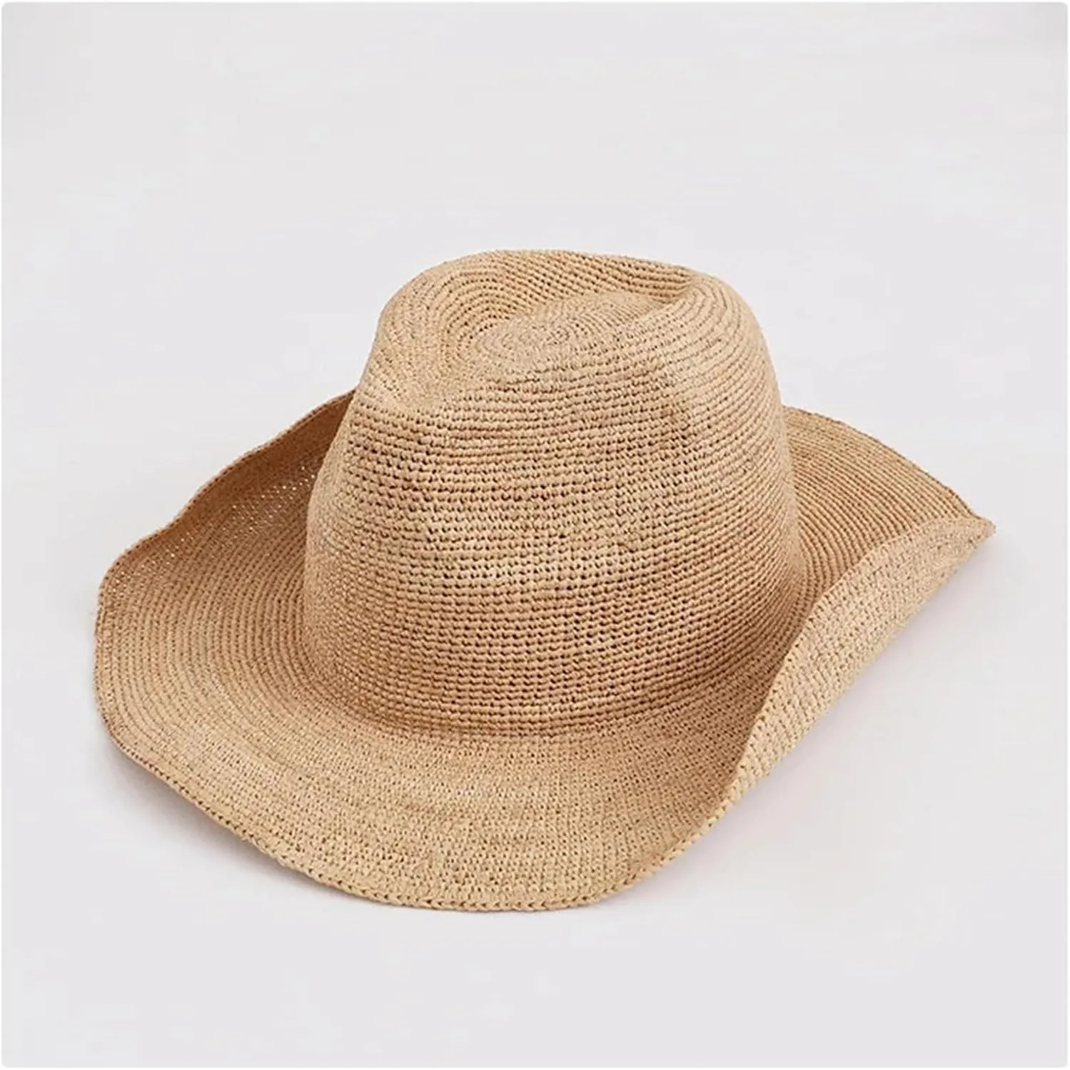 Womens Hand-Woven Crochet Raffia Sun Hat Summer Western Cowboy with Curled Brim Beach Sun Straw Hats