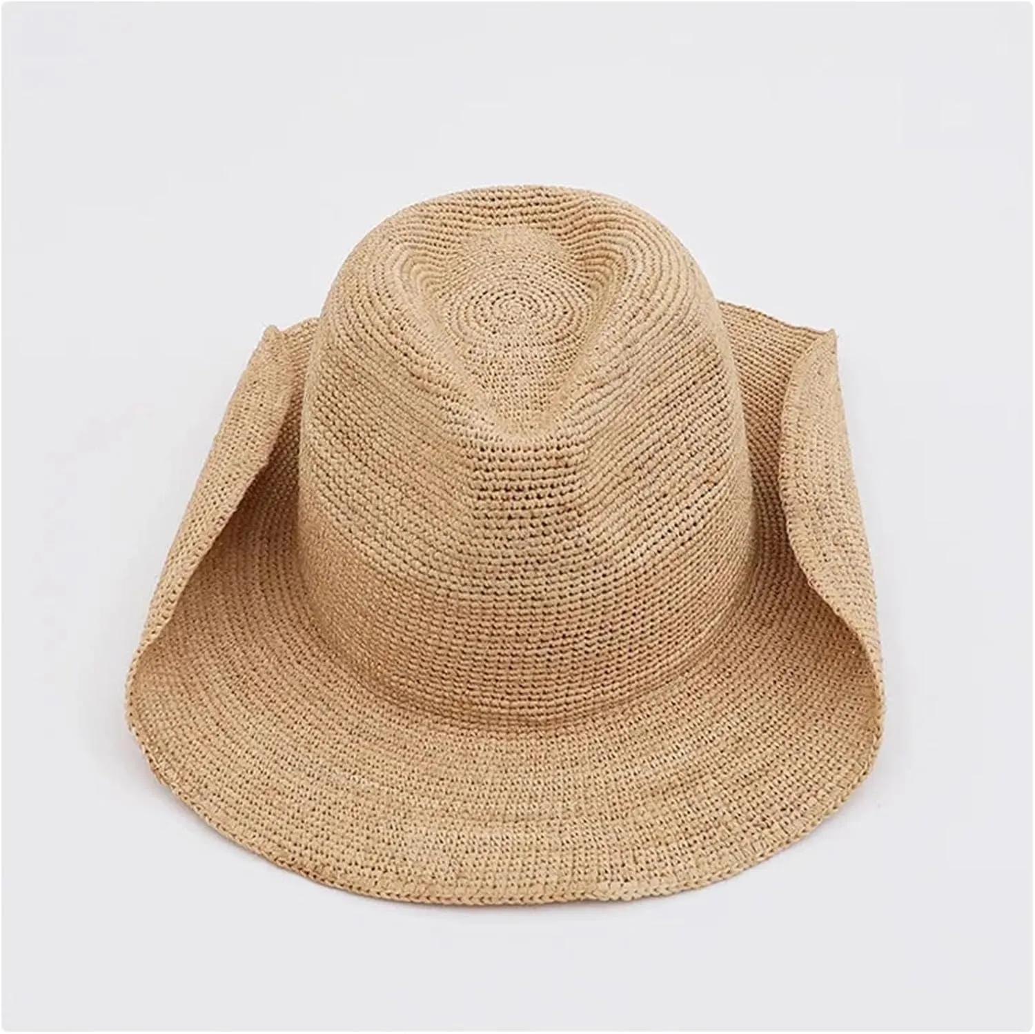 Womens Hand-Woven Crochet Raffia Sun Hat Summer Western Cowboy with Curled Brim Beach Sun Straw Hats