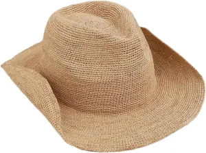 Womens Hand-Woven Crochet Raffia Sun Hat Summer Western Cowboy with Curled Brim Beach Sun Straw Hats