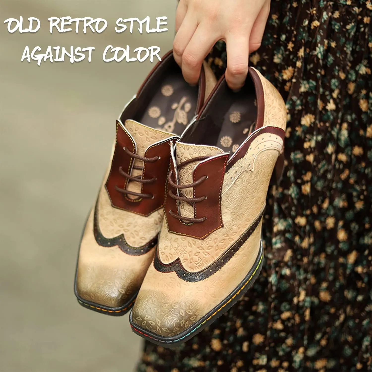 Women's Handmade Lambskin Oxford Loafers Shoes with Retro Ethnic Printed Style, Brock Design for Casual and Fashion Collegiate Style