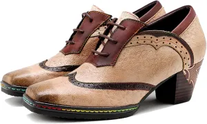 Women's Handmade Lambskin Oxford Loafers Shoes with Retro Ethnic Printed Style, Brock Design for Casual and Fashion Collegiate Style