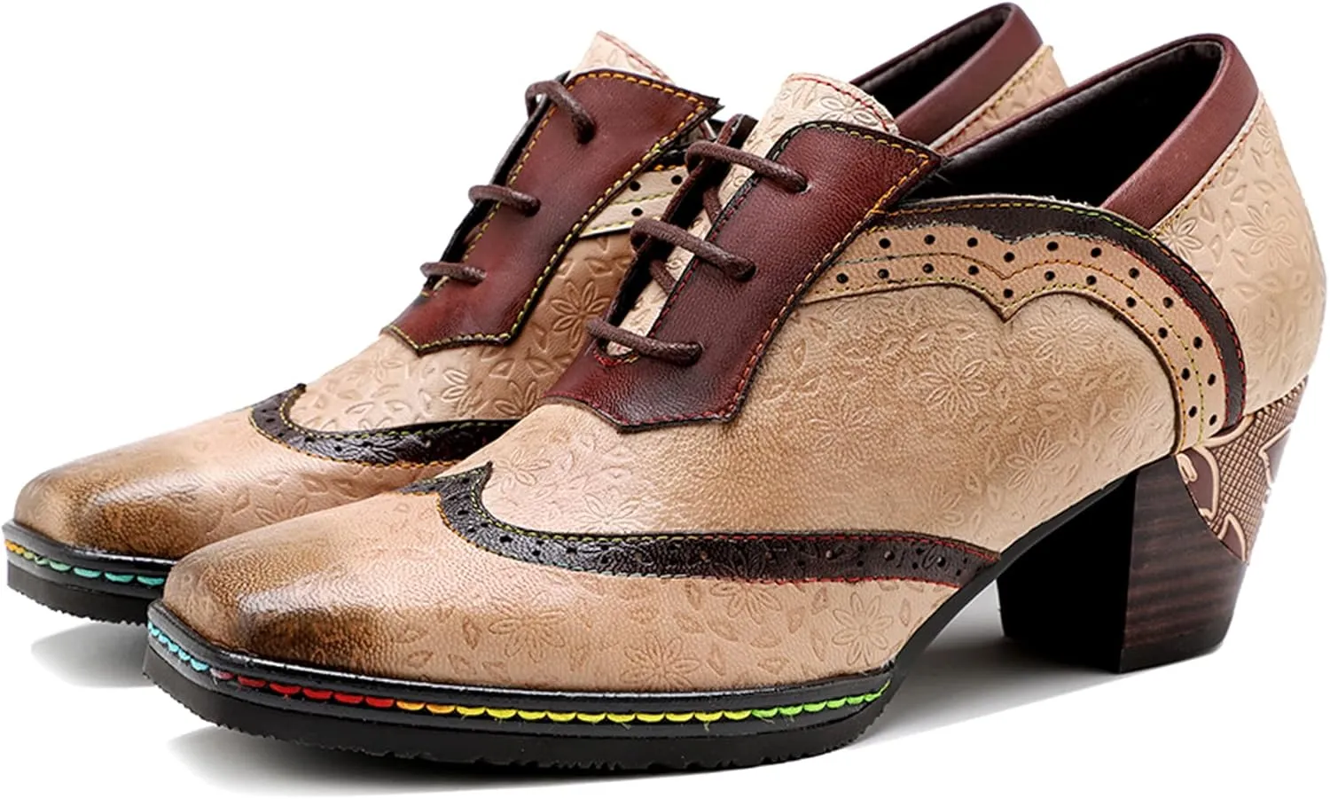 Women's Handmade Lambskin Oxford Loafers Shoes with Retro Ethnic Printed Style, Brock Design for Casual and Fashion Collegiate Style