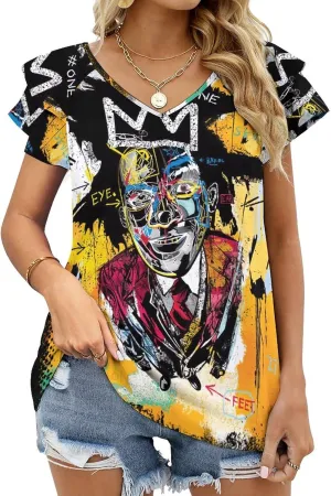 Womens Hawaiian Cotton Short Sleeve T-Shirts Tops,Vintage V-Neck Graphic Tee Clothing