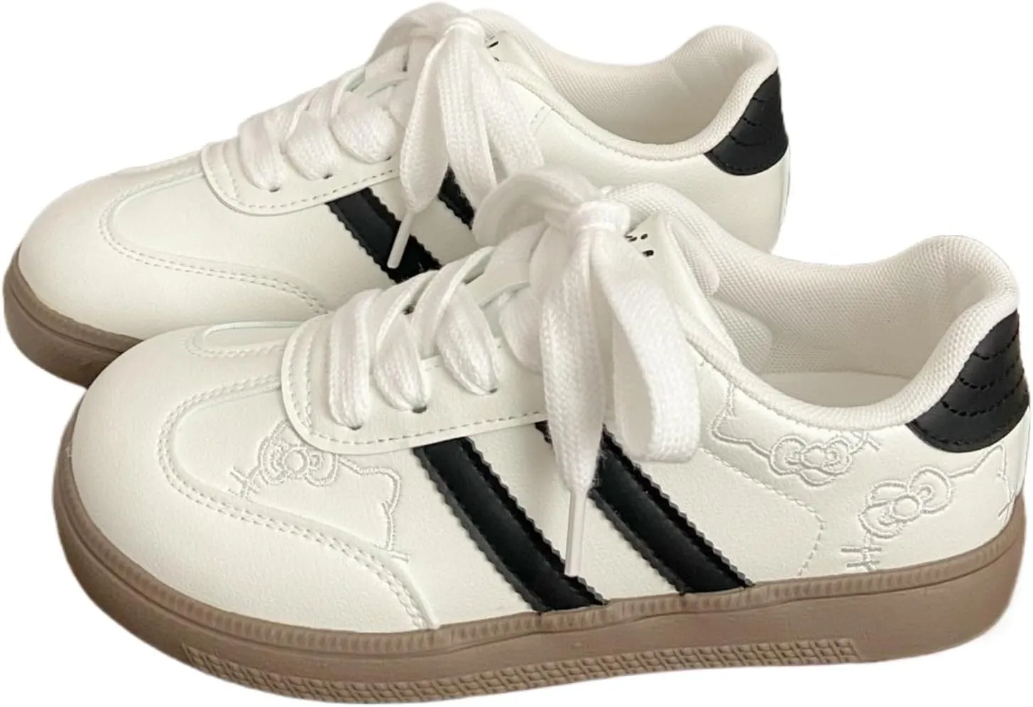 Women’s Kitty Retro German Trainer Sneakers – Fashion Casual Cat Detail Lace-Up Shoes, Anti-Slip Low-Top White Campus Style for Students