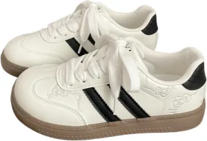 Women’s Kitty Retro German Trainer Sneakers – Fashion Casual Cat Detail Lace-Up Shoes, Anti-Slip Low-Top White Campus Style for Students