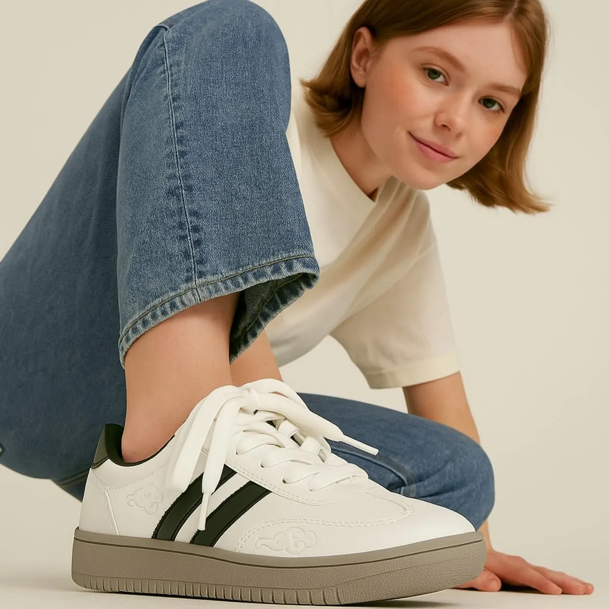 Women’s Kitty Retro German Trainer Sneakers – Fashion Casual Cat Detail Lace-Up Shoes, Anti-Slip Low-Top White Campus Style for Students
