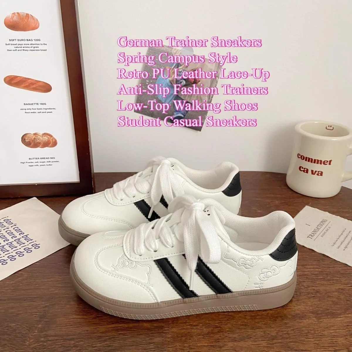 Women’s Kitty Retro German Trainer Sneakers – Fashion Casual Cat Detail Lace-Up Shoes, Anti-Slip Low-Top White Campus Style for Students