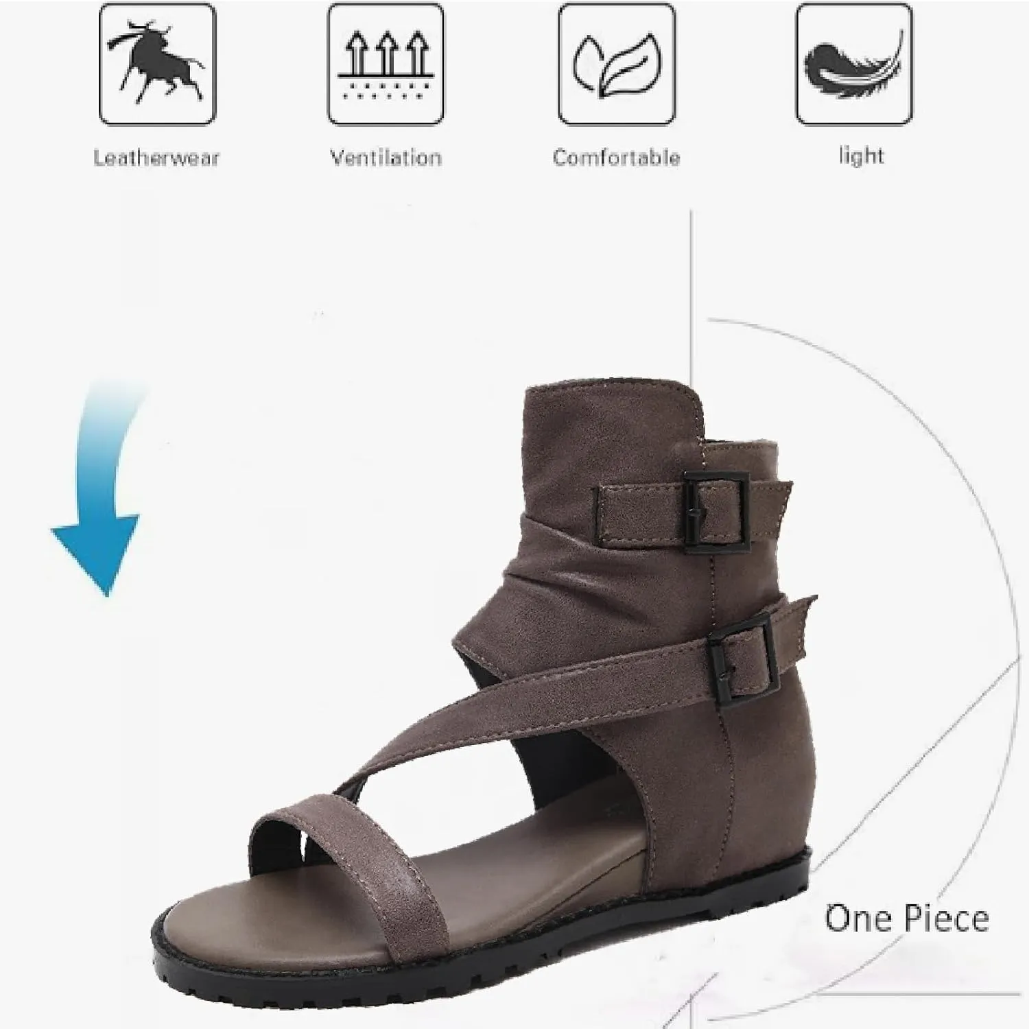 Women's Leather High Top Internal Increase Rome Sandals Boots Fashion Breathable Adjustable Buckle Strap Round Open Toe Flat Gothic Y2k Comfortable Non-Slip Party Casual Sandals