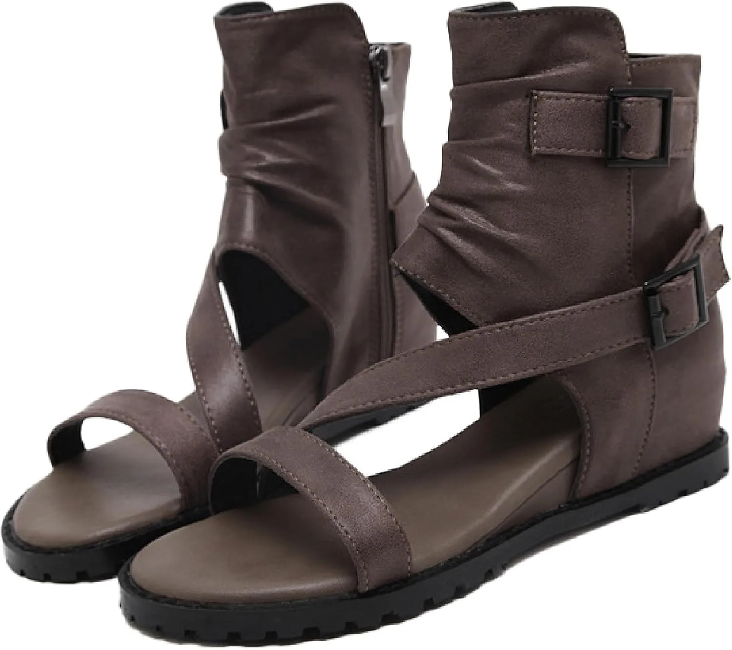 Women's Leather High Top Internal Increase Rome Sandals Boots Fashion Breathable Adjustable Buckle Strap Round Open Toe Flat Gothic Y2k Comfortable Non-Slip Party Casual Sandals