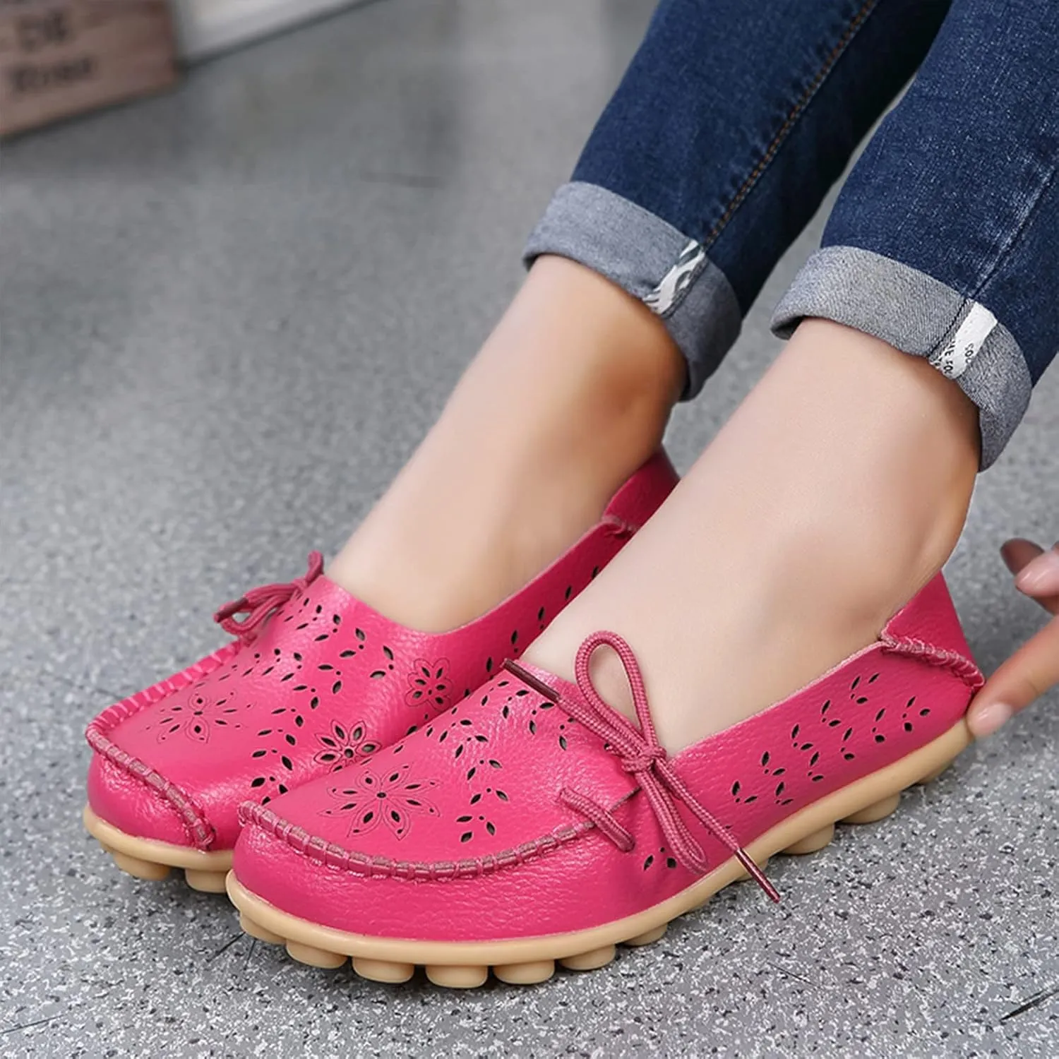 Women's Leather Hollow Breathable Slip On Loafers Comfortable Oxford Softsole Outdoor Walking Flats Shoes Driving Working Moccasins Shoes