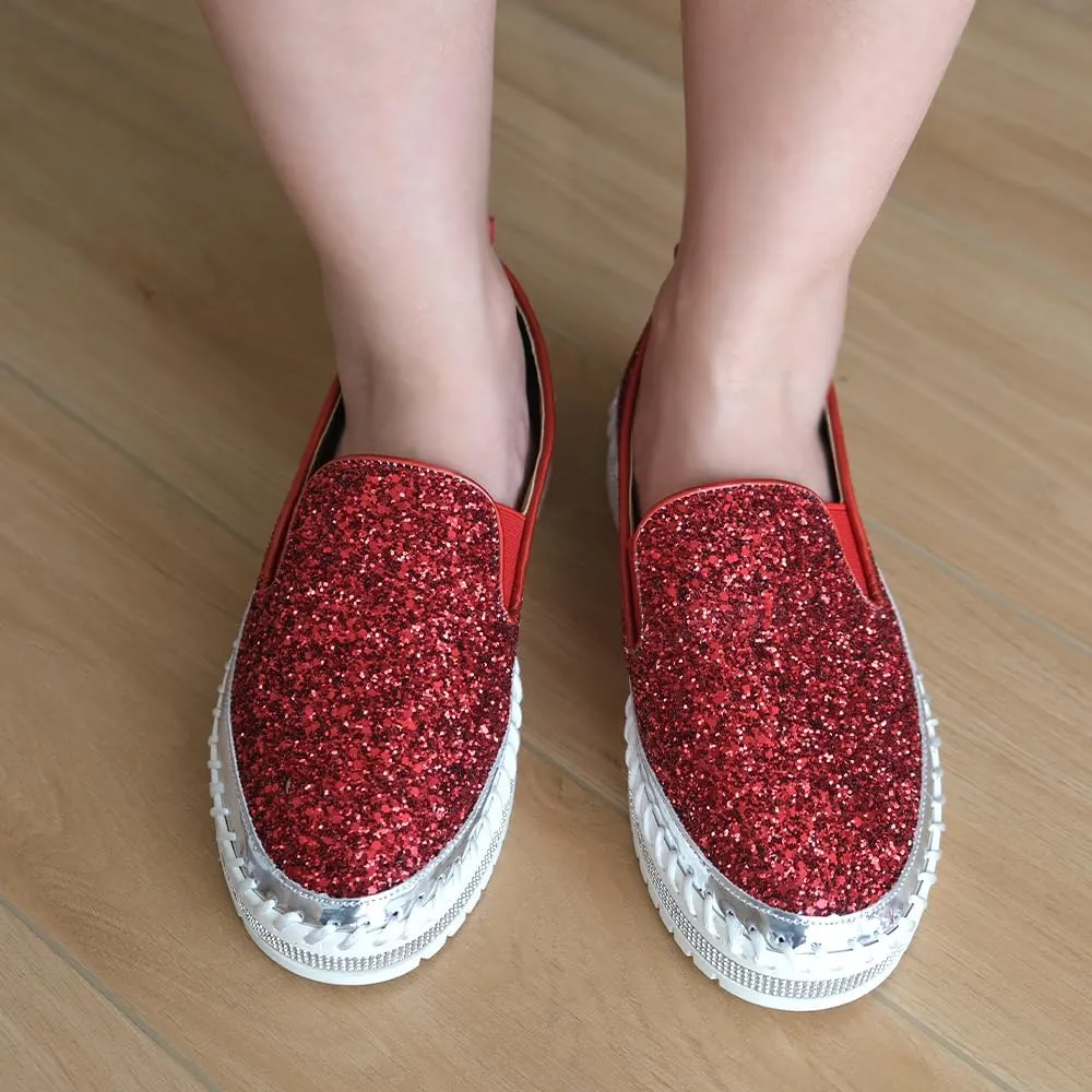 Women's Platform Rhinestones Glitter Fashion Sneakers Comfortable Slip On Flat Loafers Walking Wedding Dress Shoes Casual Shoes