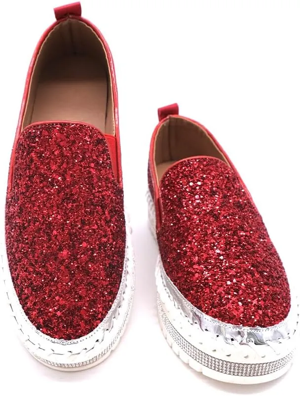 Women's Platform Rhinestones Glitter Fashion Sneakers Comfortable Slip On Flat Loafers Walking Wedding Dress Shoes Casual Shoes