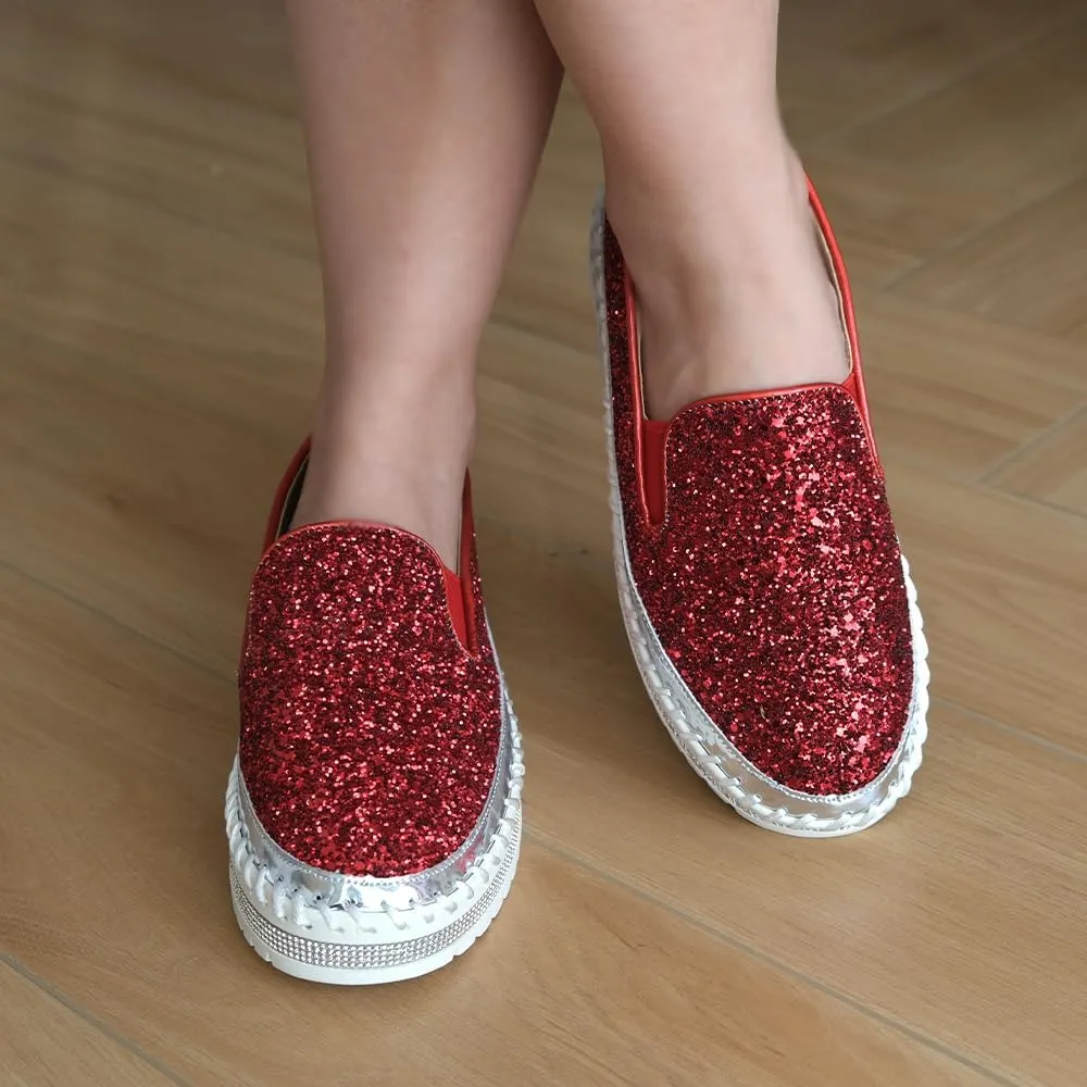 Women's Platform Rhinestones Glitter Fashion Sneakers Comfortable Slip On Flat Loafers Walking Wedding Dress Shoes Casual Shoes
