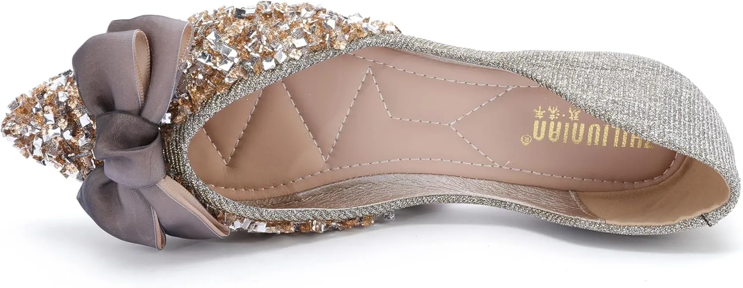Women's Pointed Rhinestone Flat Shoes Glitter Flowers Wedding Comfortable Dress Shoes