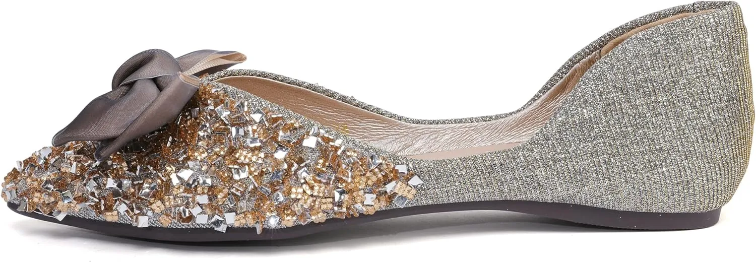 Women's Pointed Rhinestone Flat Shoes Glitter Flowers Wedding Comfortable Dress Shoes