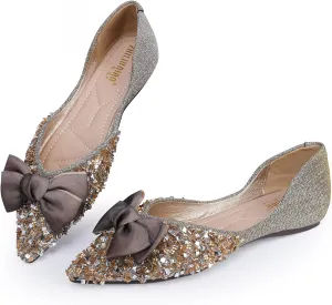 Women's Pointed Rhinestone Flat Shoes Glitter Flowers Wedding Comfortable Dress Shoes