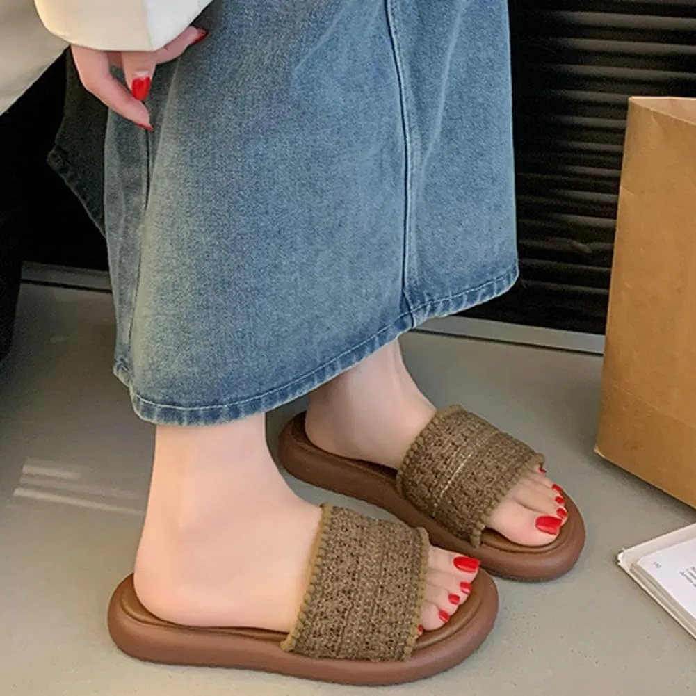 Women’s PU Flat Sandals Fashion Boho Dressy Summer Slippers with Knit Band Open Toe Slip On Beach Slide 2025 Casual Sandals