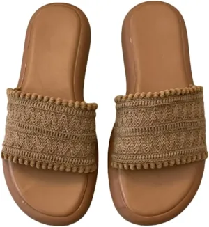 Women’s PU Flat Sandals Fashion Boho Dressy Summer Slippers with Knit Band Open Toe Slip On Beach Slide 2025 Casual Sandals