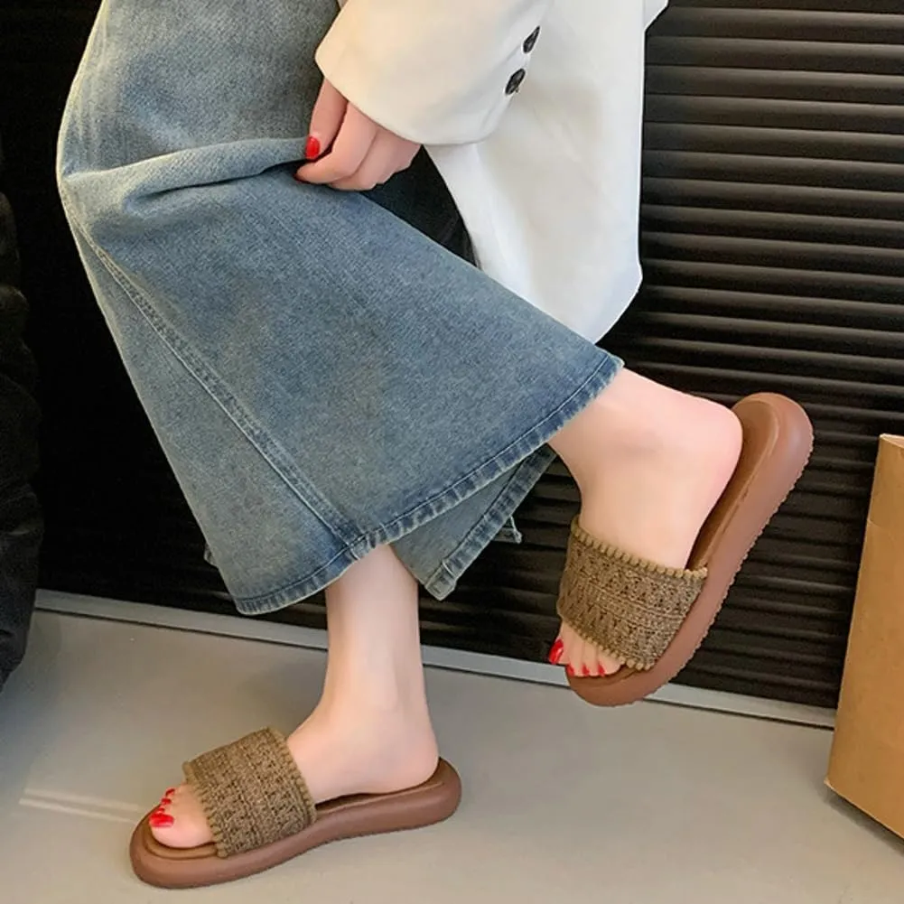 Women’s PU Flat Sandals Fashion Boho Dressy Summer Slippers with Knit Band Open Toe Slip On Beach Slide 2025 Casual Sandals