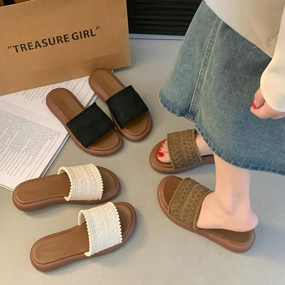 Women’s PU Flat Sandals Fashion Boho Dressy Summer Slippers with Knit Band Open Toe Slip On Beach Slide 2025 Casual Sandals