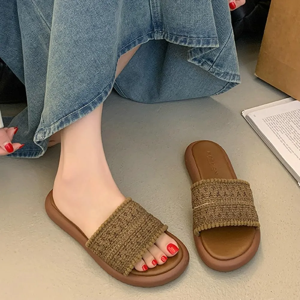 Women’s PU Flat Sandals Fashion Boho Dressy Summer Slippers with Knit Band Open Toe Slip On Beach Slide 2025 Casual Sandals