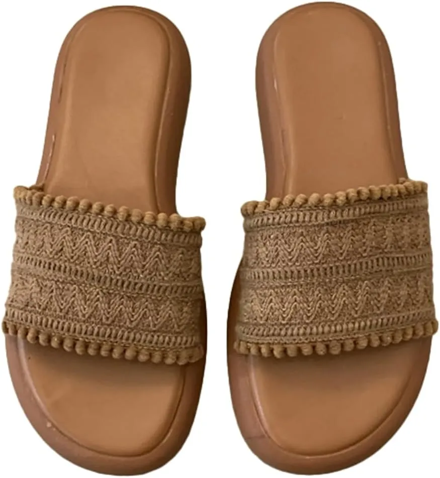 Women’s PU Flat Sandals Fashion Boho Dressy Summer Slippers with Knit Band Open Toe Slip On Beach Slide 2025 Casual Sandals