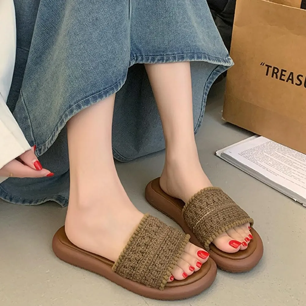 Women’s PU Flat Sandals Fashion Boho Dressy Summer Slippers with Knit Band Open Toe Slip On Beach Slide 2025 Casual Sandals