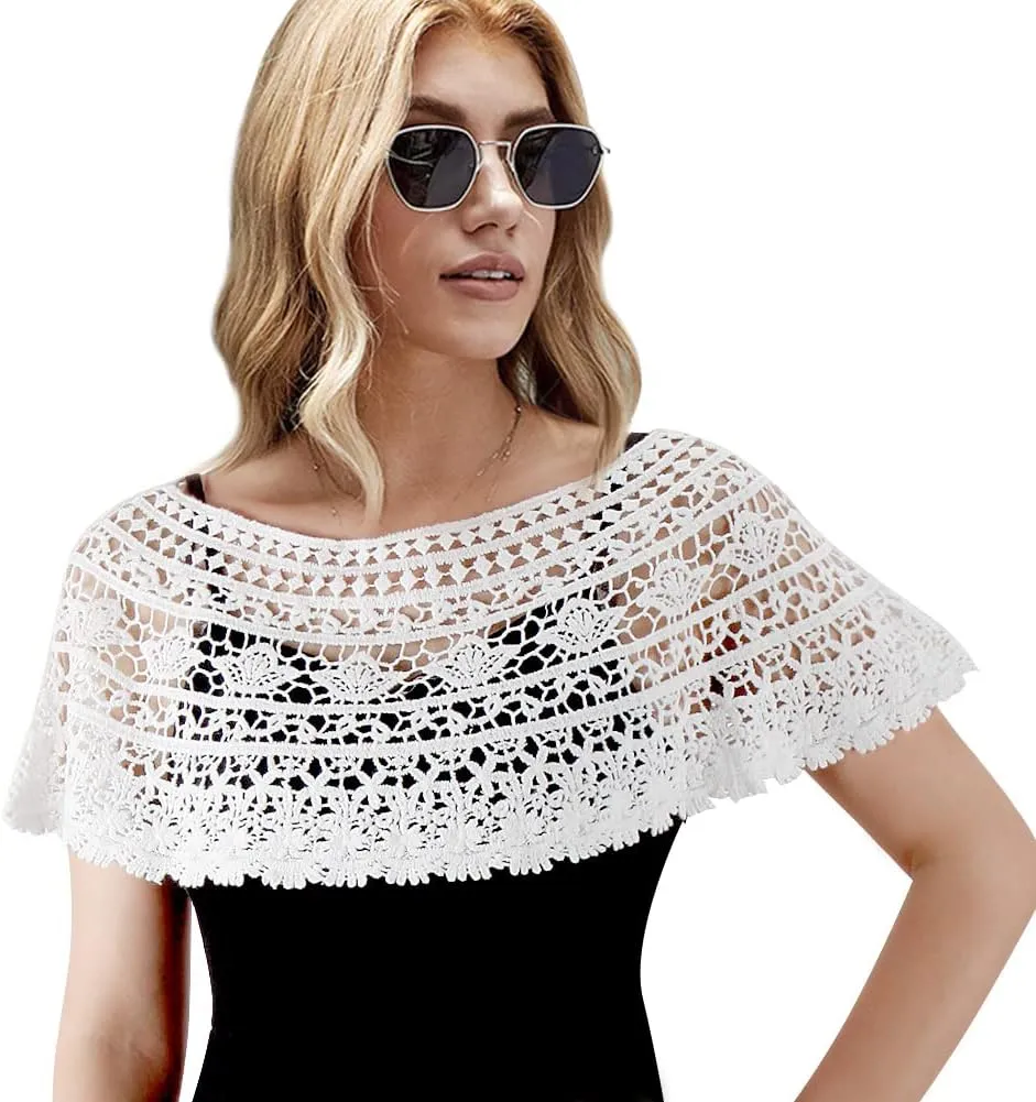 Women's Shawl Wraps Lace Shrug Short Sleeve Boho Cape Bolero Blazer Bridal Cover Up Cardigan