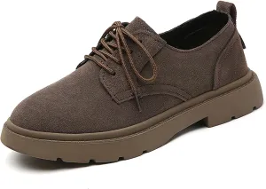 Women's Suede Lace-Up Thick-Sole Oxford Shoes Retro Round Toe Non-Slip Lug Sole Chunky Heel Derby Oxford Shoes Classic Business Work Dress Shoes