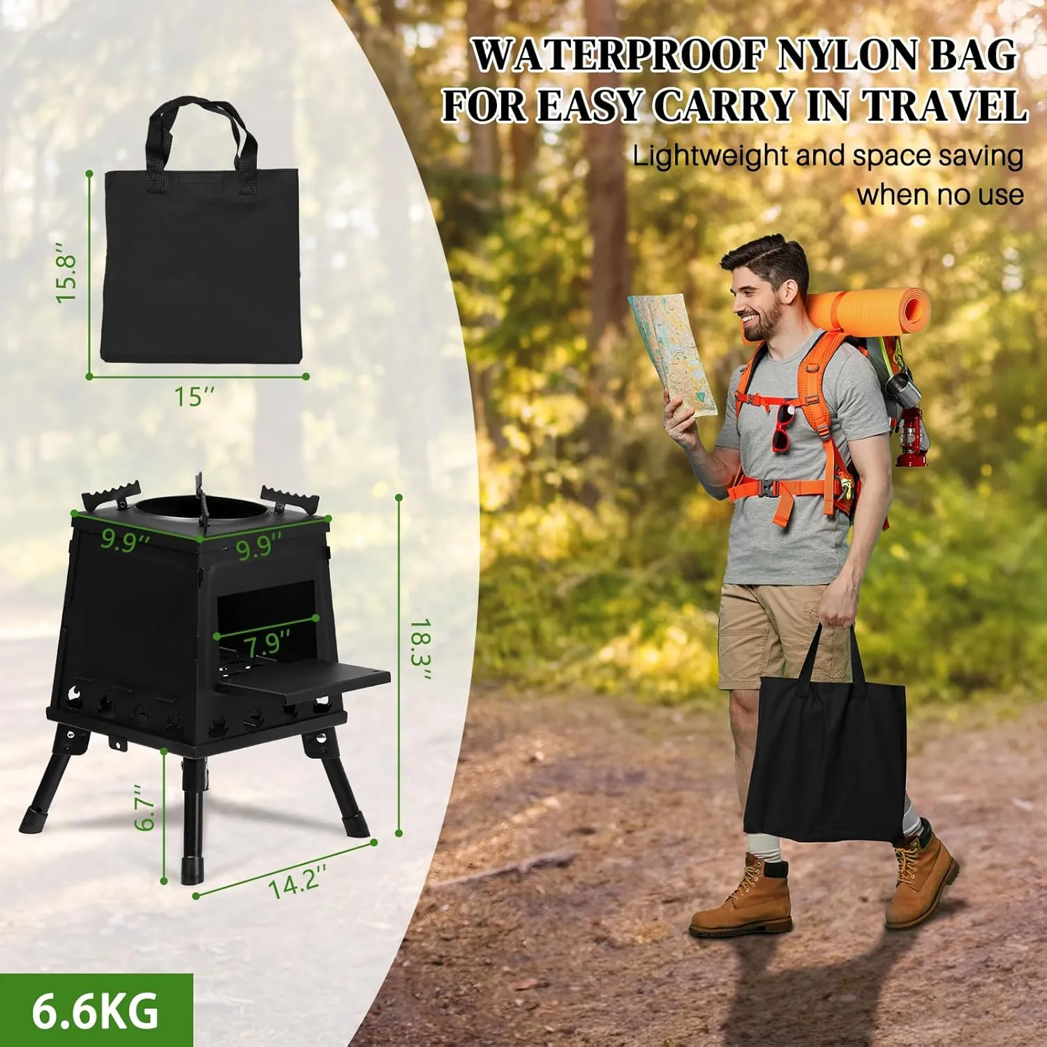 Wood Burning Camp Stove,Portable Cast Iron Camping Wood Stove,Woodstove with Carrying Case for Backpacking Outdoor Cooking (L)