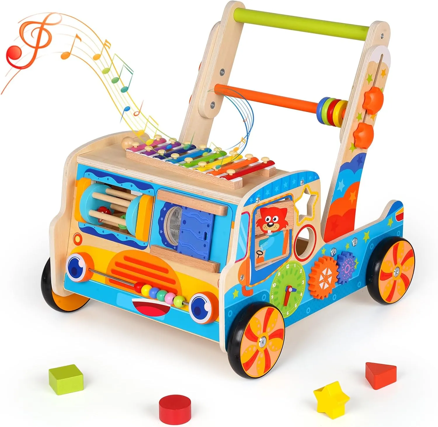 Wooden Baby Walker,Montessori Walker Toy with Shape Sorter,Push and Pull Learning Activity Walker with Wheels,Learning Walking Toys for Toddlers from Sitting to Standing