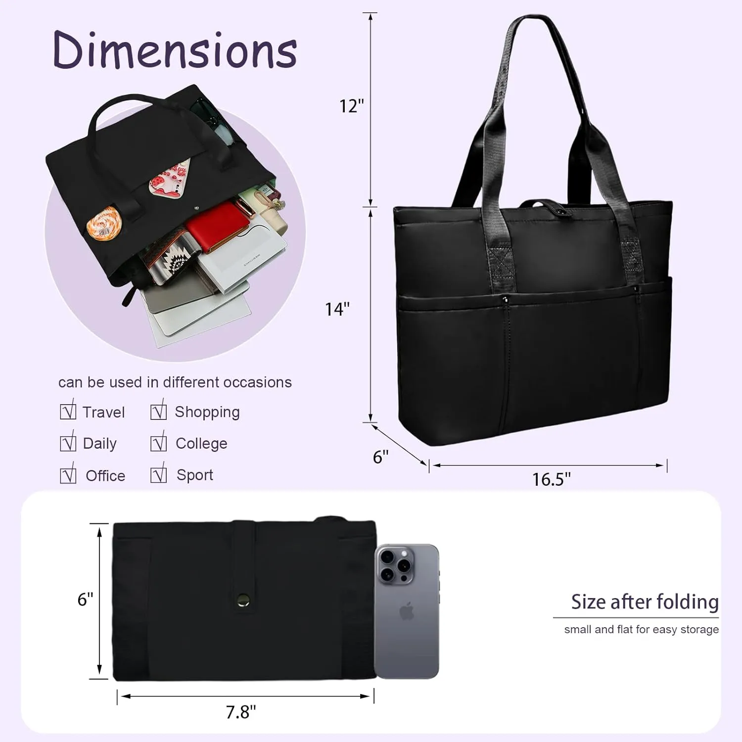 Work Bags for Women- Nursing Clinical Bag with Zipper Large Foldable Travel Bag Water-Resistant Handbag