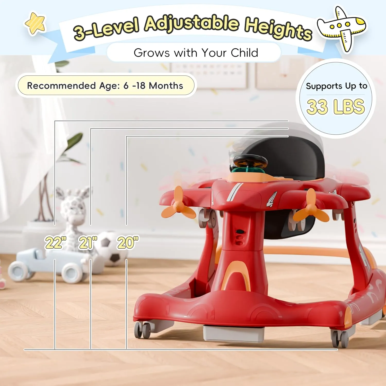 Xilingol 6-in-1 Baby Walker with Adjustable Speed Wheels, Adjustable Height Activity Walker with Padded Seat, Foldable Walker for Babies 6-12 Months, Toddler Push Walker for Boy & Girl 12-18 Months