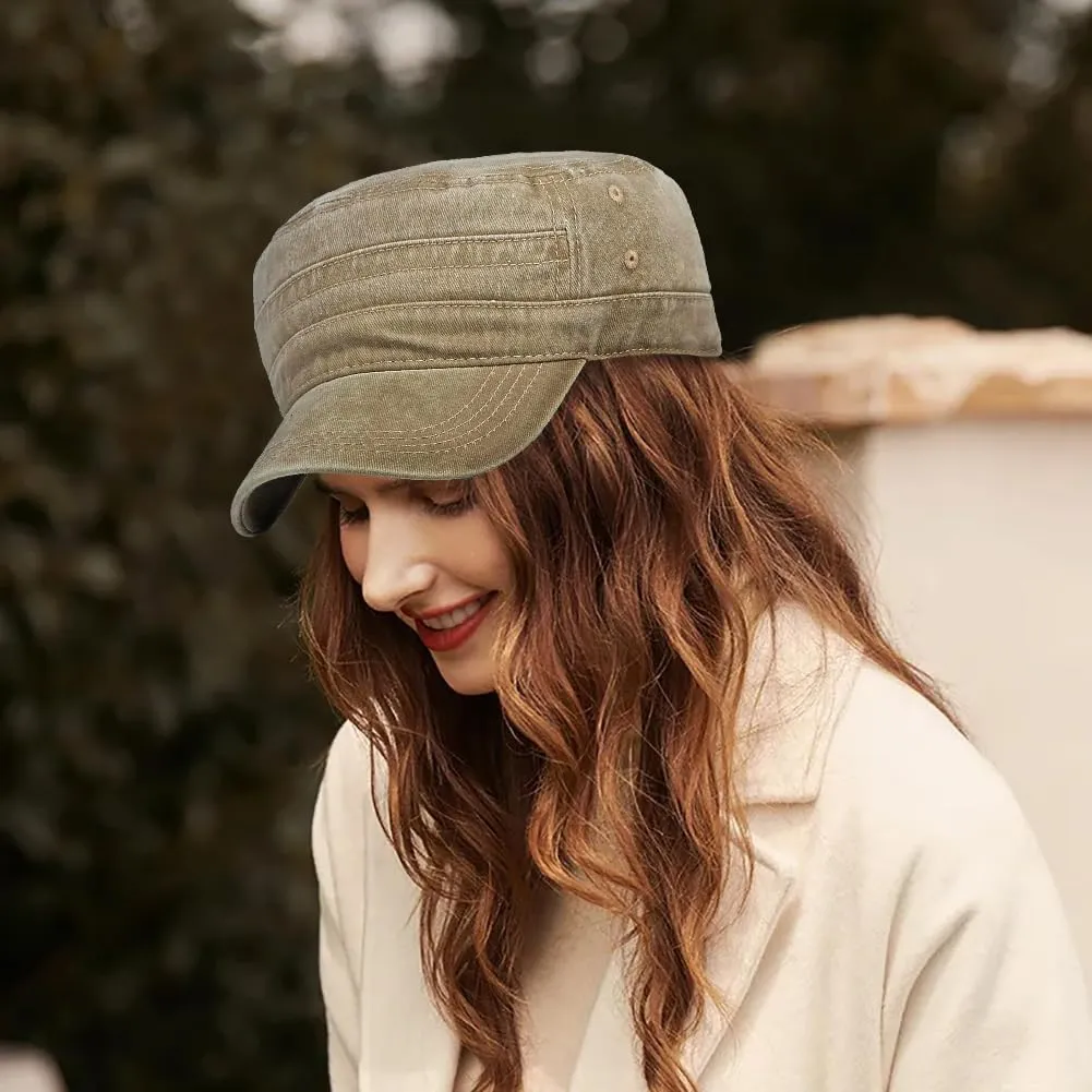 XYIYI Retro Washed Military Caps Cotton Cadet Army Caps Vintage Flat Top Cap