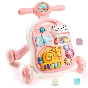 YOLAY 3 in 1 Baby Walker Push with Wheels, Sit-to-Stand Foldable Walker for Baby Boy and Girl 6-12 Months with Detachable Play Panel, Stable Handle, Early Learning Activity for Kids (Pink)