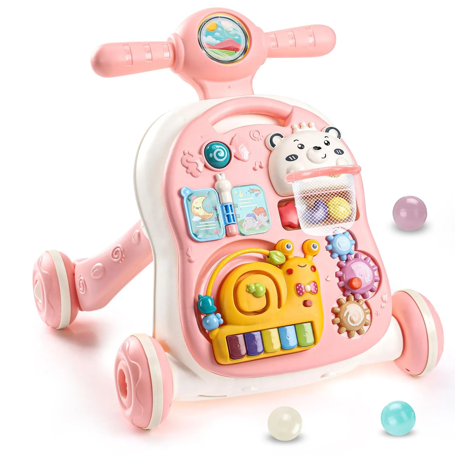 YOLAY 3 in 1 Baby Walker Push with Wheels, Sit-to-Stand Foldable Walker for Baby Boy and Girl 6-12 Months with Detachable Play Panel, Stable Handle, Early Learning Activity for Kids (Pink)