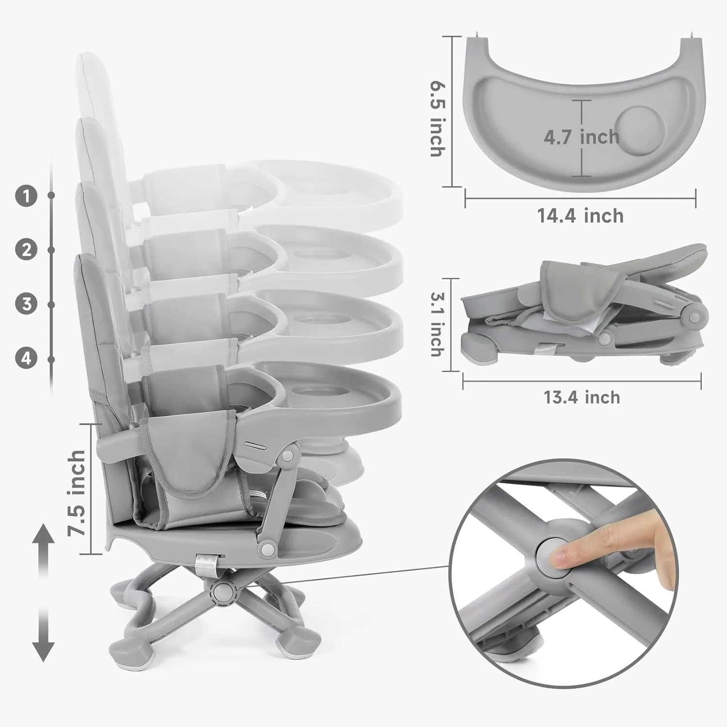 YOLEO Baby High Chair Booster Seat for Dining Table, Adjustable Height Travel Foldable High Chairs with Tray