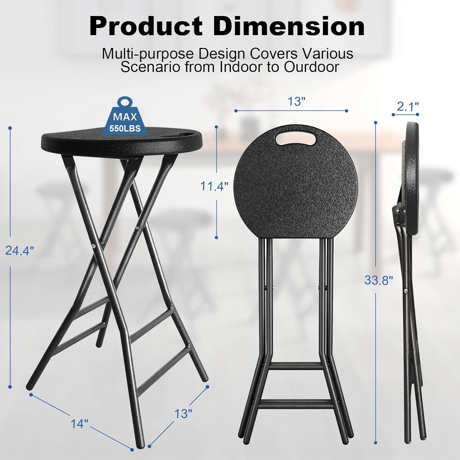 YOMT Portable Folding Stool, 24 inch Folding Bar Stool with Handle, Foldable Stool Chair for Adults, Heavy Duty Collapsible Stool for Kitchen Counter Room Home Camping Indoor Outdoor, Set of 1