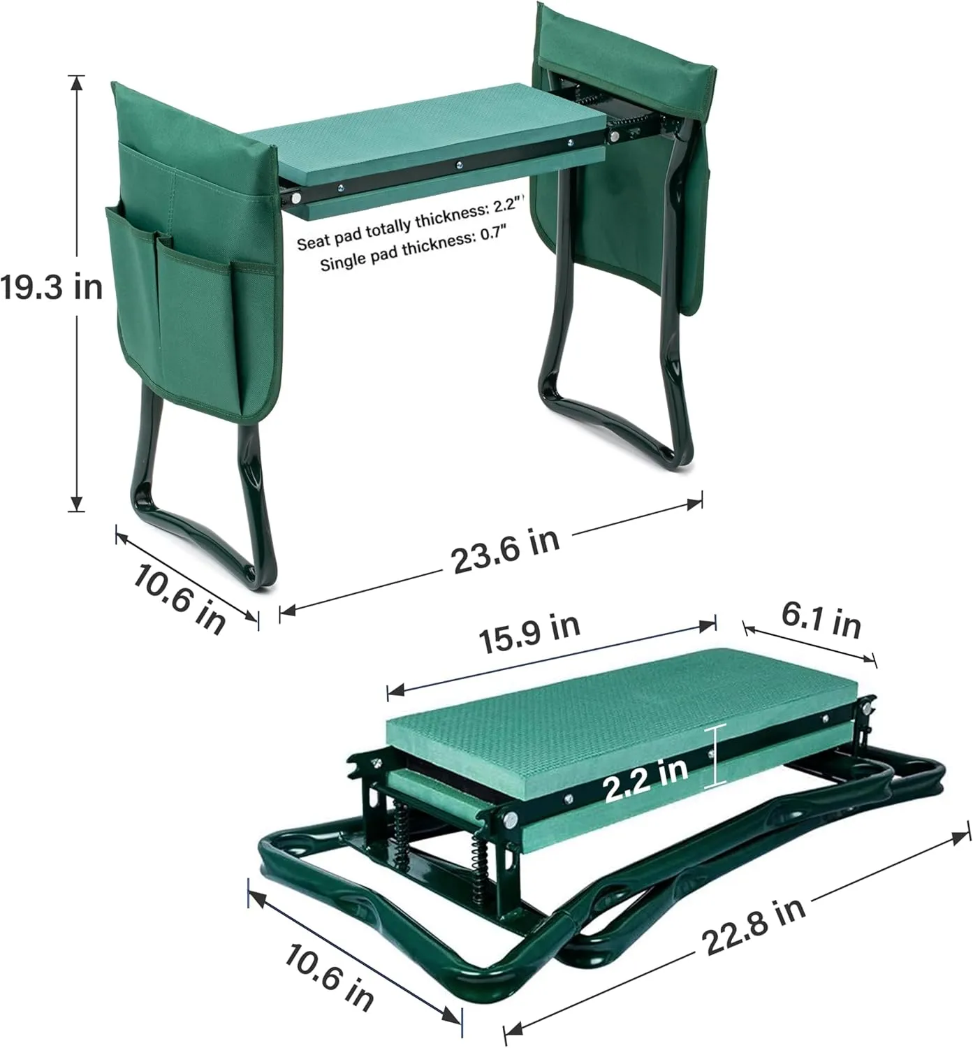 YSSOA New Garden Kneeler and Seat, with Sturdy Soft EVA Foam Pad, Hold Up to 330lb, Foldable Kneeling Bench, with 2 Tool Pouch for Gardening, Fishing, Camping, Green, Arbor Day Gift