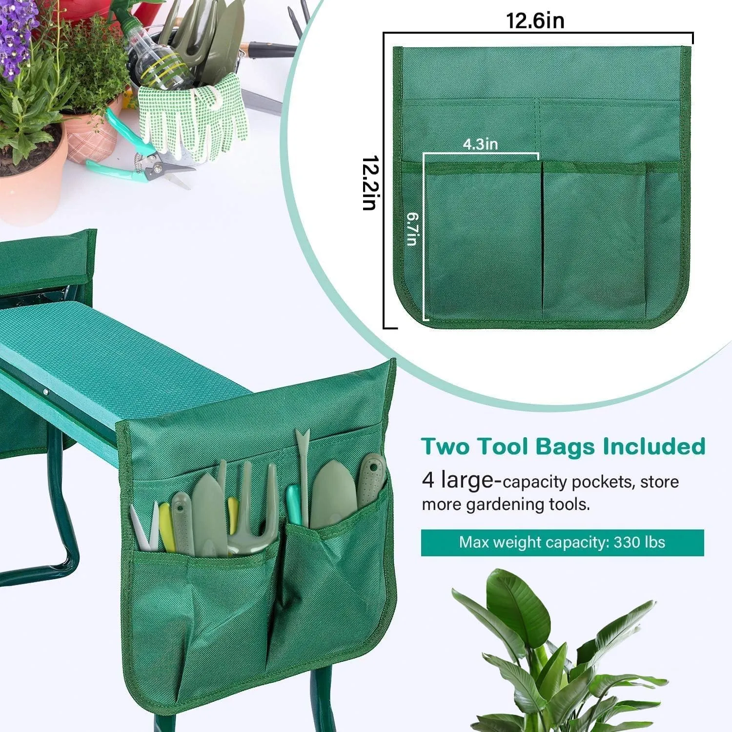 YSSOA New Garden Kneeler and Seat, with Sturdy Soft EVA Foam Pad, Hold Up to 330lb, Foldable Kneeling Bench, with 2 Tool Pouch for Gardening, Fishing, Camping, Green, Arbor Day Gift