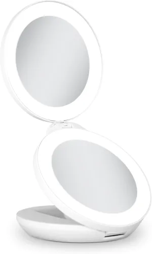 Zadro Compact Travel Makeup Mirror with Lights, 10X/1X Dual Magnification, LED Lighted Folding Design, Battery Operated Portable Mirror for Purse, Desk, or Travel Use (White)