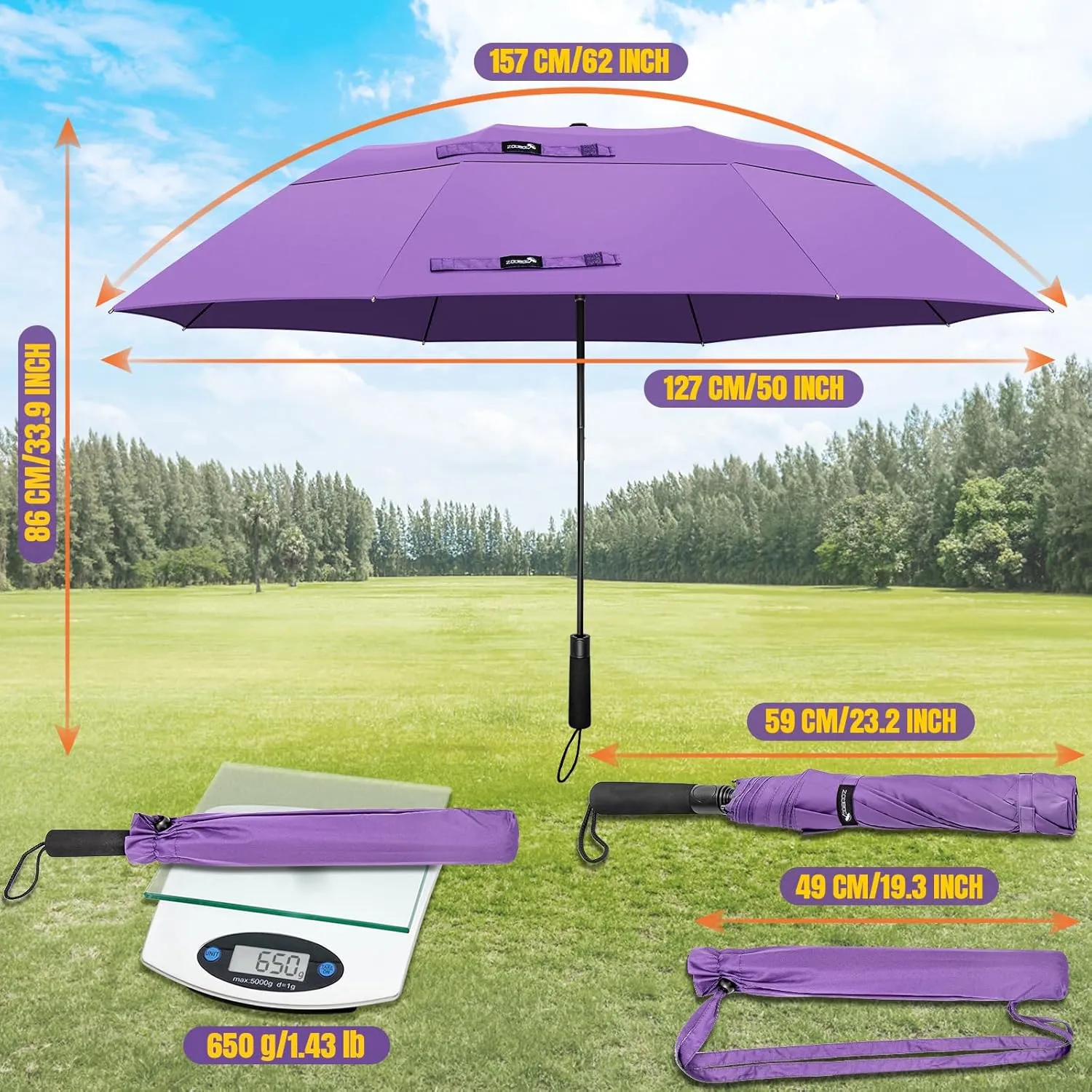 ZOMAKE Compact Golf Umbrella 62 Inch, Automatic Foldable Large Travel Golf Umbrellas Windproof Double Canopy Vented Collapsible for Men Women